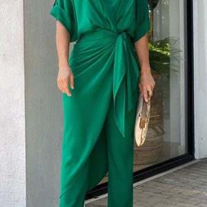 Casual Solid Frenulum V Neck Regular Jumpsuits(3 Colors)